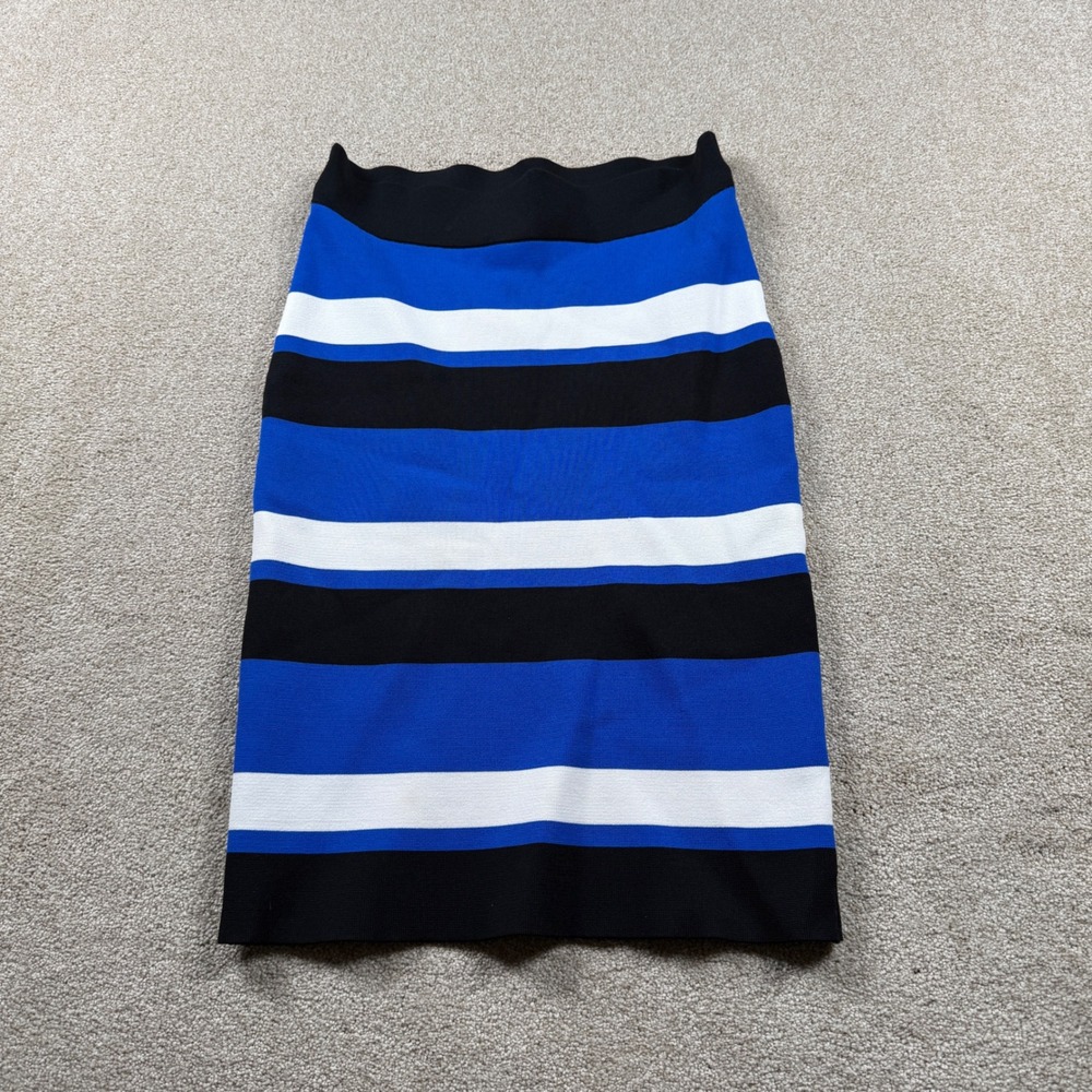 BCBGMAXAZRIA Womens M Blue Striped Pencil Skirt Bandage Bodycon Knit Knee Length